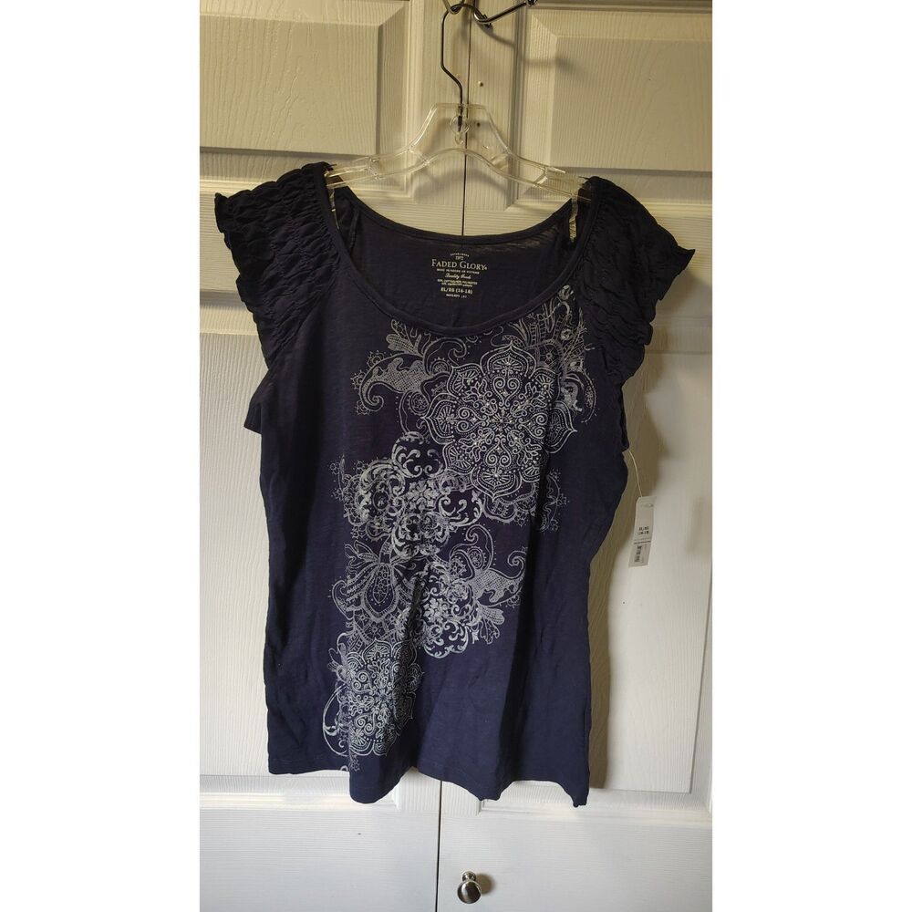 Faded Glory Navy Blue Bohemian Smocked Sleeve Graphic Top Women's XL (16-18)